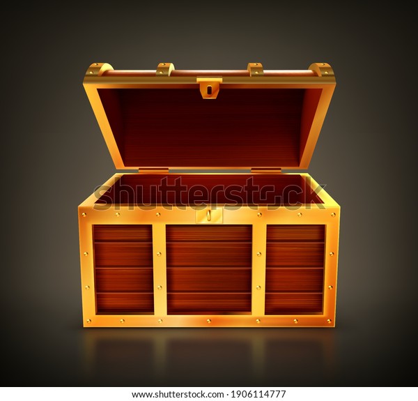 Treasure chest, empty wooden box, open\
casket with golden details and keyhole. Old trunk for gold or\
jewelry, pc game item, design element isolated on black background\
Realistic 3d vector\
illustration