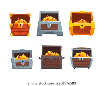 Treasure Chest as Fantasy Pirate Wooden Box with Gold and Jewelry Gems Vector Set