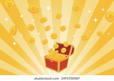 Treasure chest filled with coins, radiating lines, and sparkles