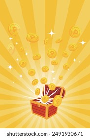 Treasure chest filled with coins, radiating lines, and sparkles