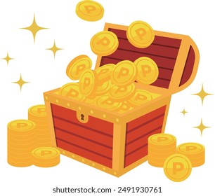 Treasure chest filled with coins, radiating lines, and sparkles