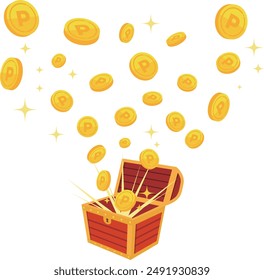 Treasure chest filled with coins, radiating lines, and sparkles