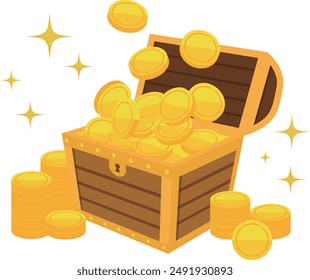 Treasure chest filled with coins, radiating lines, and sparkles