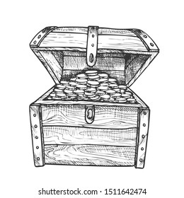 Treasure Chest Filled Golden Coins Ink Vector. Ancient Open Wood Chest Container With Jewelry Precious. Wealth Engraving Mockup Hand Drawn In Retro Style Black And White Illustration