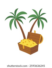 A treasure chest filled with shiny gold coins, set amidst beautiful palm trees, awaits you