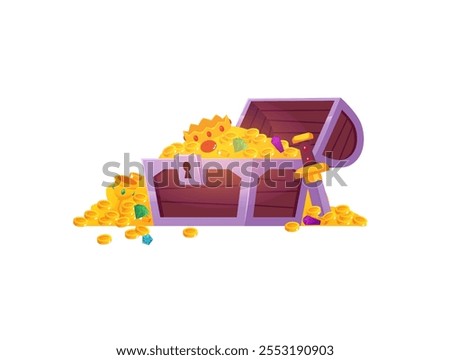 Treasure chest flat icon. Ancient wooden crate with golden coins, gemstones and jewelry, sword, crown. Cartoon pirate treasures. Medieval jewelry trunk. Vector flat illustration isolated on white