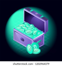 Treasure Chest Full of Bitcoins Concept, Vector Illustration.
