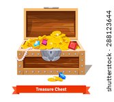 Treasure chest full of gold coins, crystal gems and jewellery. Flat vector illustration and icon. 