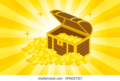 A treasure chest full of gold coins A background of glittering concentration lines