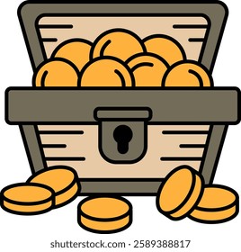 A treasure chest full of gold coins. The coins are scattered around the chest, with some of them inside the chest and others outside of it. Concept of wealth and abundance