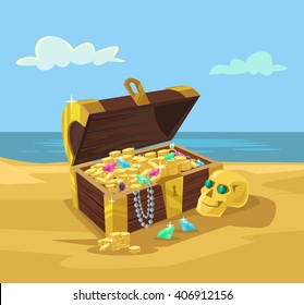 Treasure chest full of gold coins. Vector flat cartoon illustration