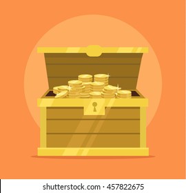 Treasure Chest Full Of Gold Coins Icon. Vector Flat Cartoon Illustration