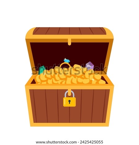 Treasure chest full of gold coins, crystal gems and jewellery. Symbol of pirates, adventure, treasure. Vector illustration