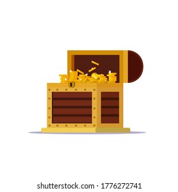 Treasure chest full stack of gold coin. Vector flat illustration isolated on white background