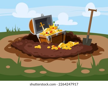 Treasure chest full of treasures, gold coins, Digging Hole in the ground,