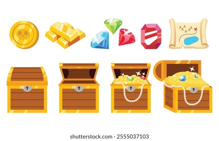 Treasure chest, gems, and gold cartoon illustration