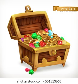 Treasure chest. Gems and gold coins, 3d vector icon