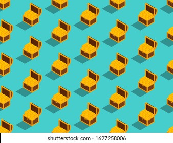 Treasure Chest with gold bullion 3D isometric seamless pattern, Wealth concept poster and social banner post design illustration isolated on green background with copy space, vector eps 10