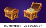 Treasure chest with gold coins and gems. Vector cartoon illustration of open and closed ancient wooden box with heap of money, jewelry and gemstones. Luxury old pirate treasure