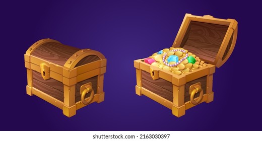 Treasure Chest With Gold Coins And Gems. Vector Cartoon Illustration Of Open And Closed Ancient Wooden Box With Heap Of Money, Jewelry And Gemstones. Luxury Old Pirate Treasure