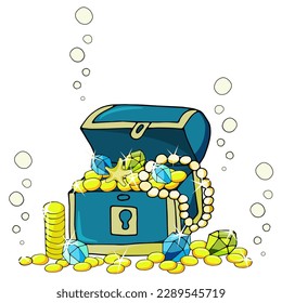 Treasure chest with gold coins, jewels and gems. Cartoon vector illustration on white background for book decoration, fabric, print.