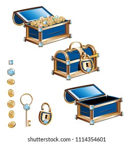 Treasure chest with gold coins and precious stones. Vector illustration. Set.