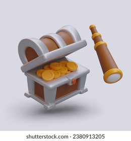 Treasure chest with gold coins and spyglass. Collection for computer game. Search for ancient treasures. Vector illustration with place for text in 3d style