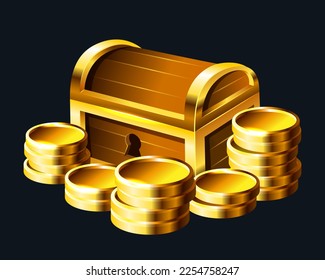 Treasure chest and gold coins. Vector 3d clipart isolated on dark background.