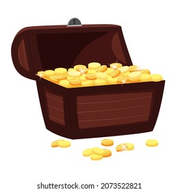 Treasure Chest with gold coins.  Wooden open Box full of treasures, in cartoon style isolated on white. Element of adventuring, carnival, party, gaming, piracy.  Modern vector illustration.