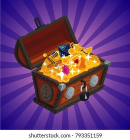 Treasure chest with gold. Game design element, cartoon style.