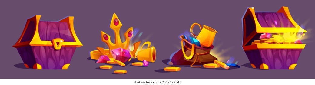Treasure chest and gold set isolated on black background. Vector cartoon illustration of golden coins, ruby and blue gemstones, shiny royal crown, wooden box and old sack with jewelry, treasury assets
