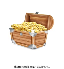 treasure chest with golden coins isolated on white background