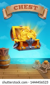 Treasure chest with golden coins on background - sea pier. Vector illustration. Vector illustration.