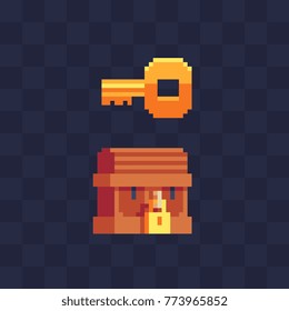 Treasure chest. Golden Key. Pixel art icons. Flat style. 8-bit. Video game sprites. Isolated vector illustration. Game assets. 