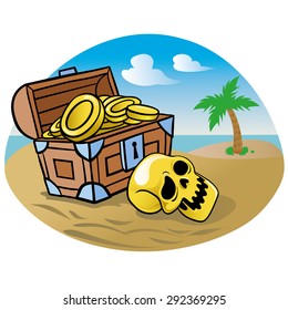 Treasure chest with golden skull on the beach with palm on the background