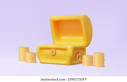 Treasure chest golden with stack coins glow on purple background. Open vintage box coffer greed wealth concept. Cartoon style minimal cute smooth design elements. 3d vector illustration