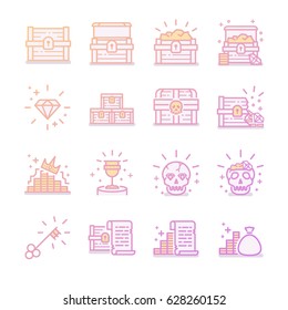 Treasure chest gradient icon set. Included the icons as treasure chest, skull, diamond, treasure map and more.