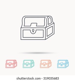 Treasure chest icon. Piratic treasury sign. Wealth symbol. Linear icons on white background. Vector