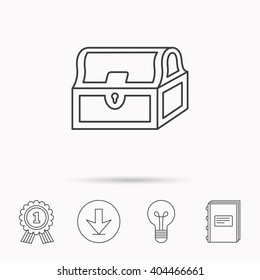 Treasure chest icon. Piratic treasury sign. Wealth symbol. Download arrow, lamp, learn book and award medal icons.