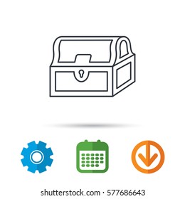 Treasure chest icon. Piratic treasury sign. Wealth symbol. Calendar, cogwheel and download arrow signs. Colored flat web icons. Vector