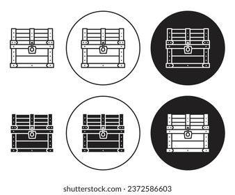 Treasure chest icon set. coins box vector symbol in black filled and outlined style.