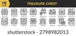 Treasure Chest icon set. Includes wooden chests, gold coins, jewels, locks, pirate treasures and More. Outline icons vector collection.