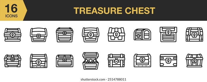 Schatztruhe-Symbol-Set. Enthält Antiquitäten, Schachtel, Truhe, Gold, Schloss, Alt, Schatz und mehr. Gliederungssymbole, Vektorsammlung.