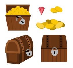 Treasure Chest Icon Set. Pirate Wooden Coffers Collection. Treasure Island Element Isolated On White Background. Old Wood Box Picture With Jewelry, Lock, Gem, Golden Coins
