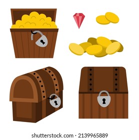 Treasure chest icon set. Pirate wooden coffers collection. Treasure island element isolated on white background. Old wood box picture with jewelry, lock, gem, golden coins
