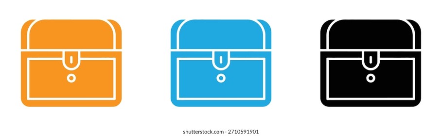 Icono del cofre del tesoro. Colección de Vector de icono de cofre del tesoro. Iconos del pecho del tesoro en diseño naranja, azul y negro. ilustración de la muestra del Vector