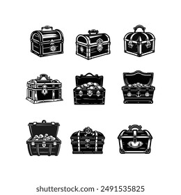 Treasure chest icons set. Black and white illustration of treasure chest icons for web design