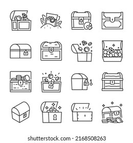 Treasure Chest icons set. Open chest with coins, jewels.  Find the treasure, linear icon collection. Line with editable stroke