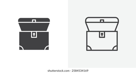 Treasure chest icons vectors illustrations in black fill and liner versions