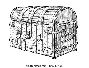 Treasure Chest Illustration, Drawing, Engraving, Ink, Line Art, Vector